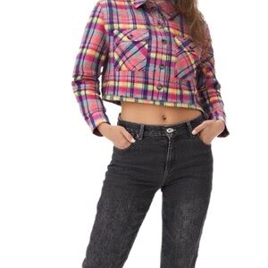 RD Style Boxy Plaid Cropped Shacket in Pink Size Small